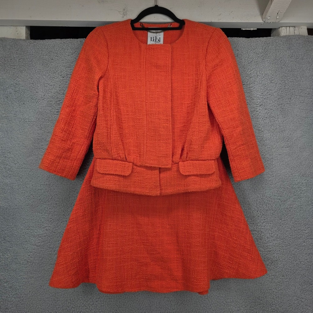 Tibi New York Orange Boucle Tweed Skirt Suit Set Jacket‎ and A-Line Skirt Size 2